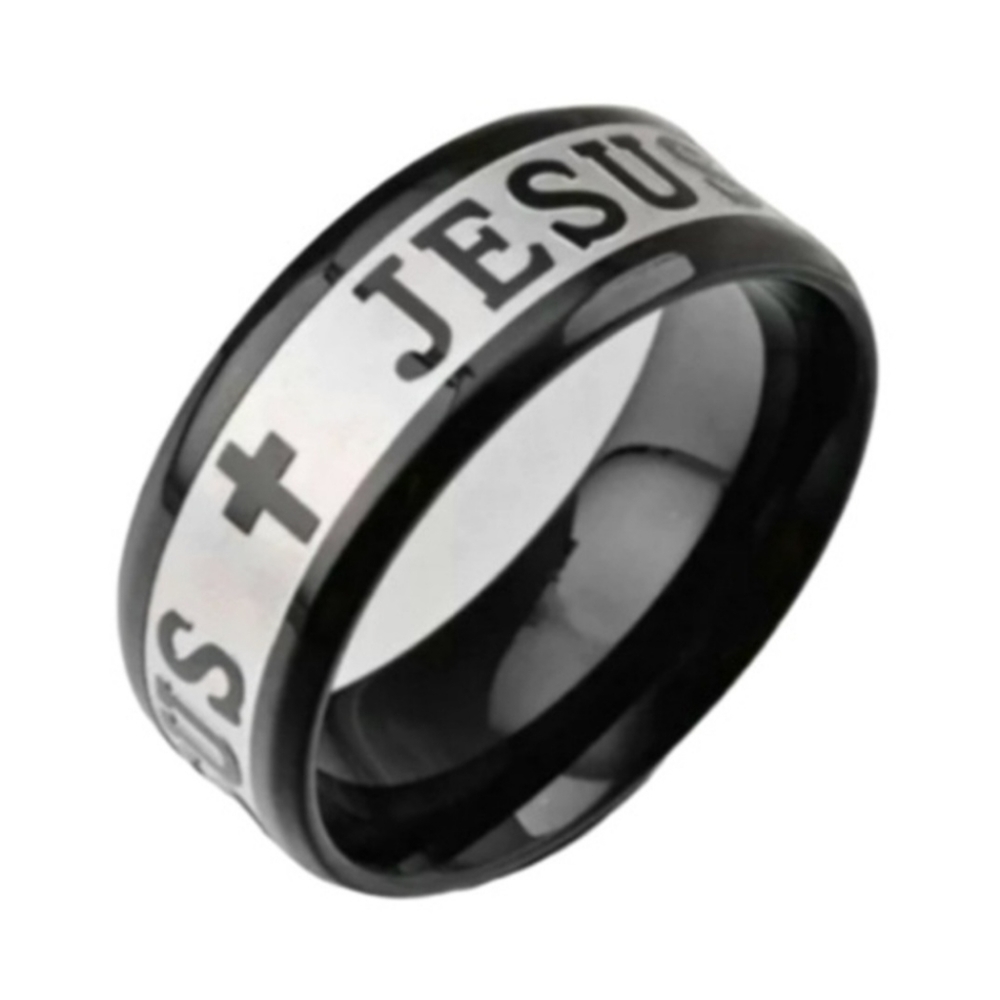 Black Stainless Steel JESUS Insignia Inlayed Embossed Engraved 8mm Band Ring
